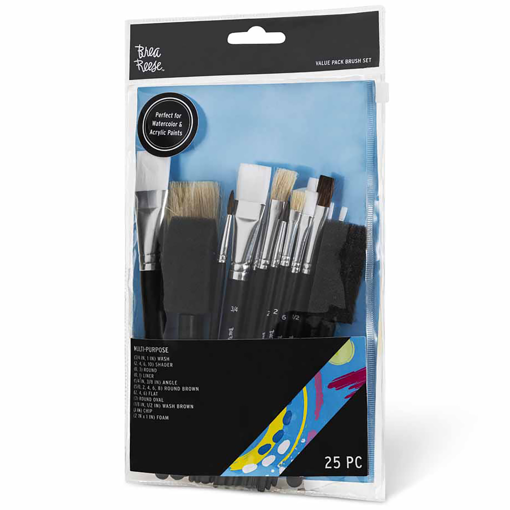 Brea Reese: Brush Set: Value Pack - 25pc - Premium Natural Boar Bristles, Storage Pouch, Perfect for Watercolor & Acrylic Paints, Adult Art Supplies