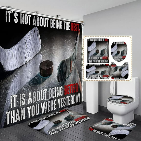 4PCS/Set Sports Shower Curtain sets, Ice Hockey Championship Positive Inspirational Quotes Bathroom Decor, Non-slip Bath Rugs Toilet Mat, Gifts for Men Husband, Being Better Than You Were Yesterday