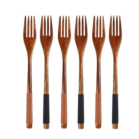 

6pcs Japanese Style Wooden Fork Household Tableware Children Food Utensil (Brown and Black Thread)