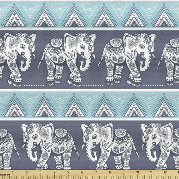 Bohemian Fabric by the Yard, Far Eastern Elephants Pattern Culture Animal Symbolism Ethnic Art, Decorative Upholstery Fabric for Chairs & Home Accents, Purpleblue Pale Blue by Ambesonne