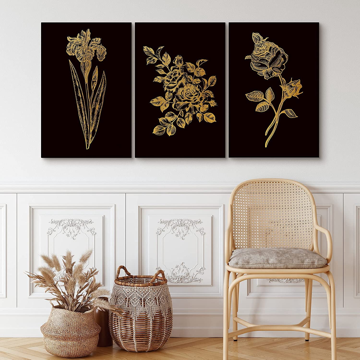 PixonSign Canvas Print Wall Art Set Gold and Black Flower Array Floral ...