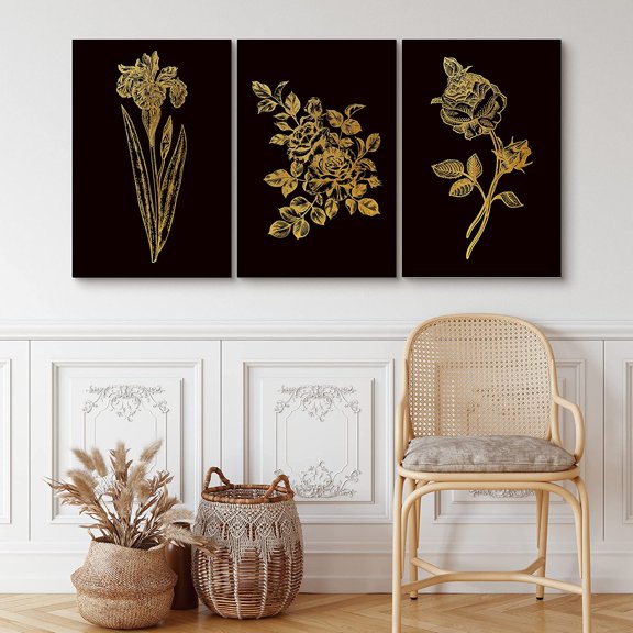 PixonSign Canvas Print Wall Art Set Gold and Black Flower Array Floral Wilderness Illustrations Minimalism Farmhouse/Country Group Dramatic Multicolor Dark for Living Room, Bedroom, Office - 16"x24"x3