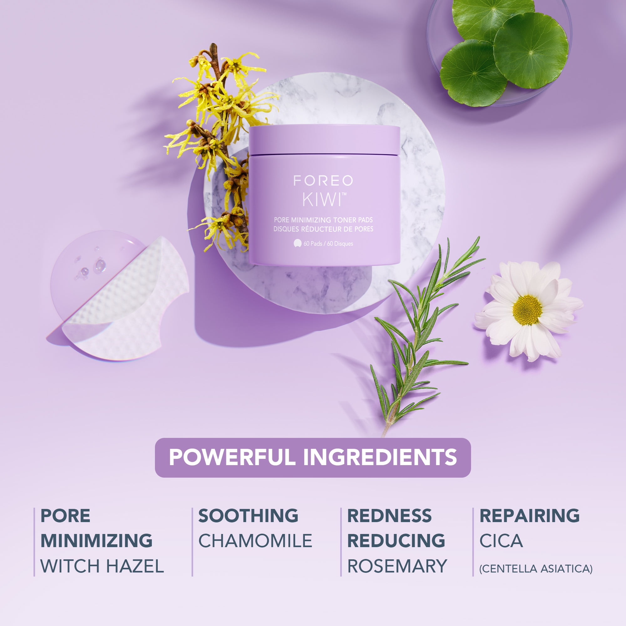 FOREO KIWI Pore Minimizing Toner Pads with Witch Hazel and Cica, Dual-Sided Exfoliating Facial Pads, 60 Count
