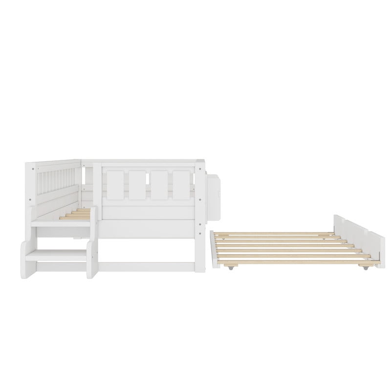 Twin Size Low-Profile Kid's Platform Bed with Built-in Bookshelves & Small Staircase, Wooden Bed Frame with Safety Rails & Trundle