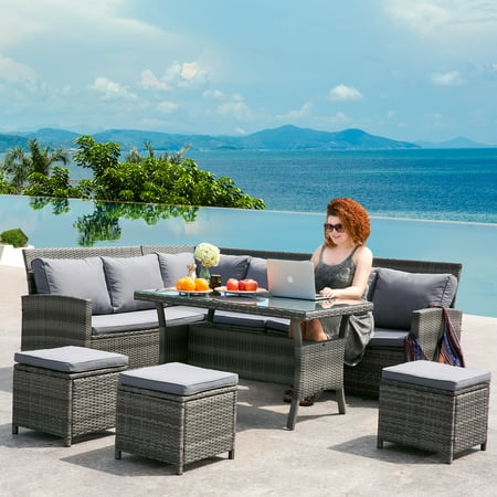 White Timber Outdoor Furniture Melbourne JUMPER Patio Furniture Set 9 Piece PE Rattan Sectional Set with Coffee Table and Deep Grey Cushion Outdoor Indoor Garden Wicker Sofa Set(Grey) ()