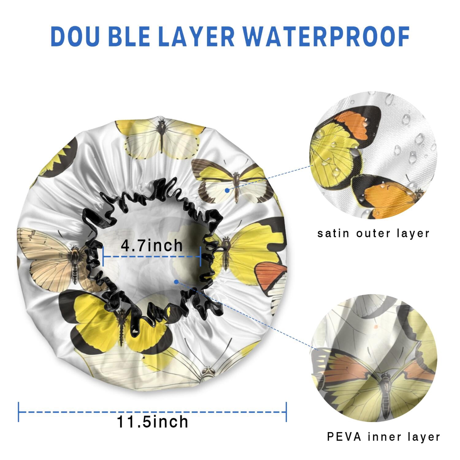 Shower Caps,Yellow Butterfly Pattern Waterproof Shower Cap for Women 4 Pieces,Double Reusable Hair Cover for Shower PEVA Elastic Stretch Hem