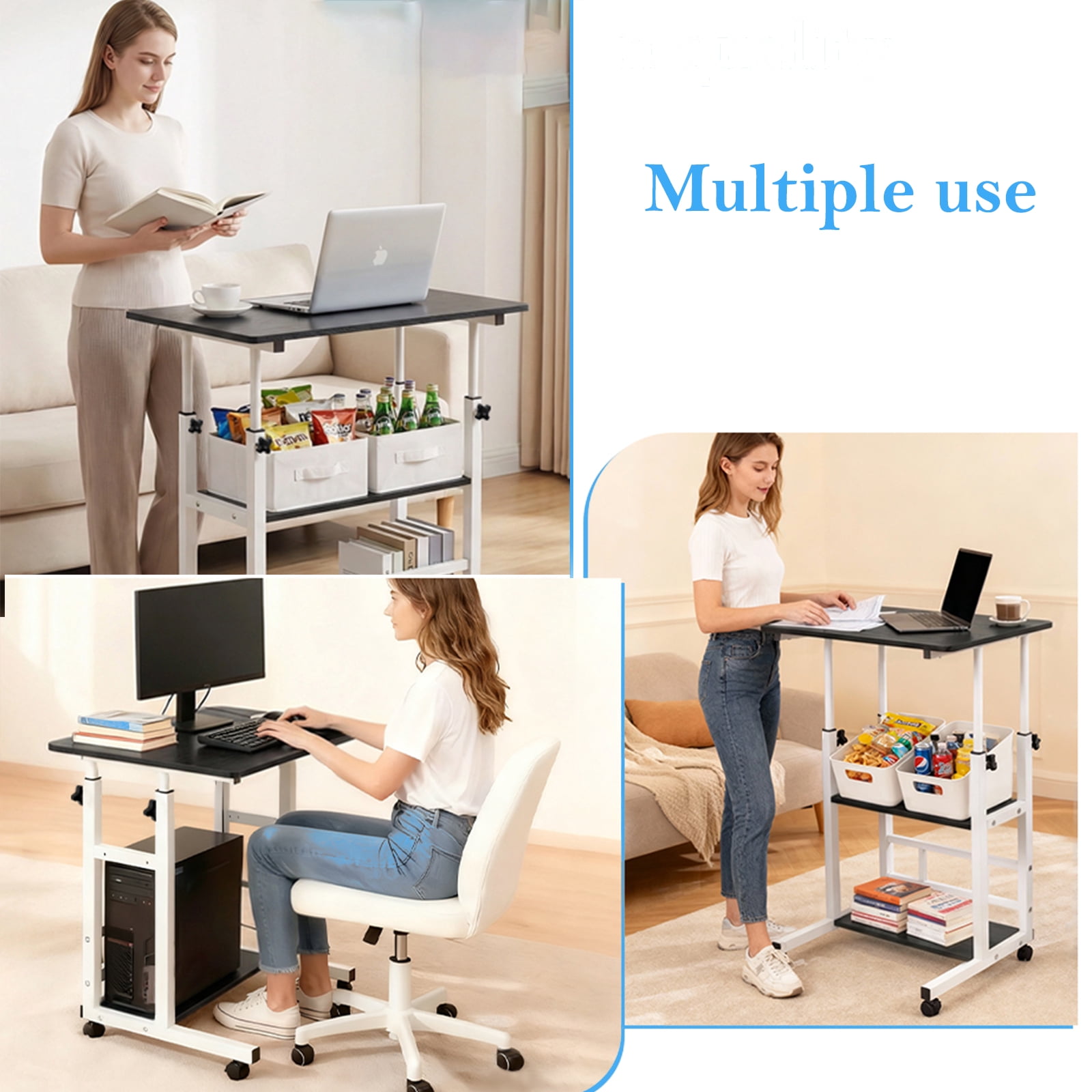 32 Inch Rolling Desk Black Adjustable Height Small Standing Desk on Wheels with Storage Shelves Portable Computer Desk for Home Office Study Small Spaces