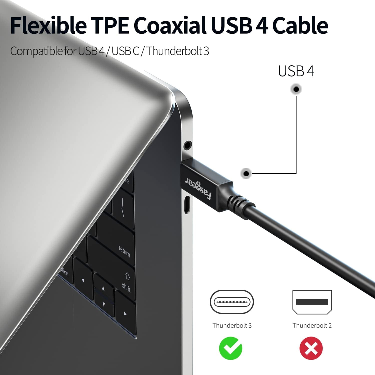 Fasgear USB 4 Cable 2.5m/8.25 Feet - 40Gbps Data Transfer 8K@60Hz 100W PD Charging Type C Video Cord Compatible for Thunderbolt 4/3 M2 Mac-Book Pro/Air|M1 i-Mac Mini|Moniter|eGPU USB-C Docking|Laptop