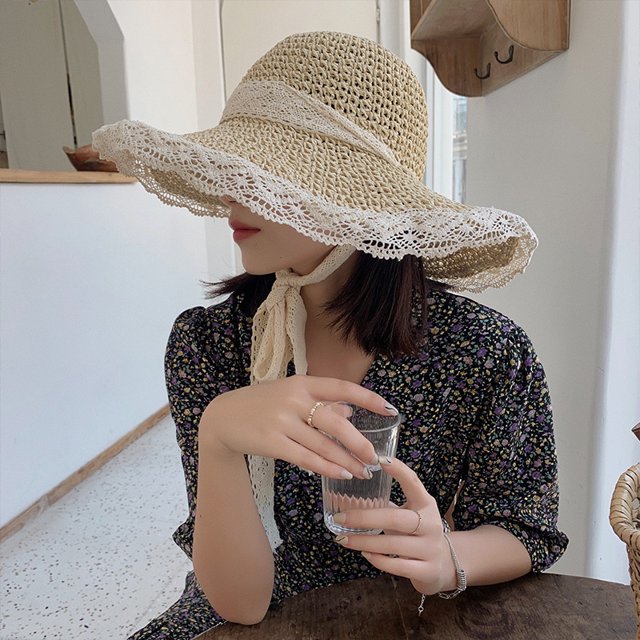 LinYooLi Sun -Sunshing Straw Hat Female Lace Bow Hollow Hook Hats Summer Sun Hats Are Fashionable And Foldable Pots