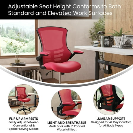 Flash Furniture - Mid-Back Mesh Ergonomic Drafting Chair with Adjustable Foot Ring and Flip-Up Arms - Red Mesh