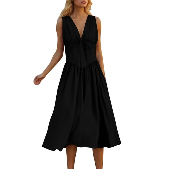 Ayolanni Black Womens Casual Dresses Plus Size V-Neck Solid Sleeveless Midi Dresses Dresses for Juniors L