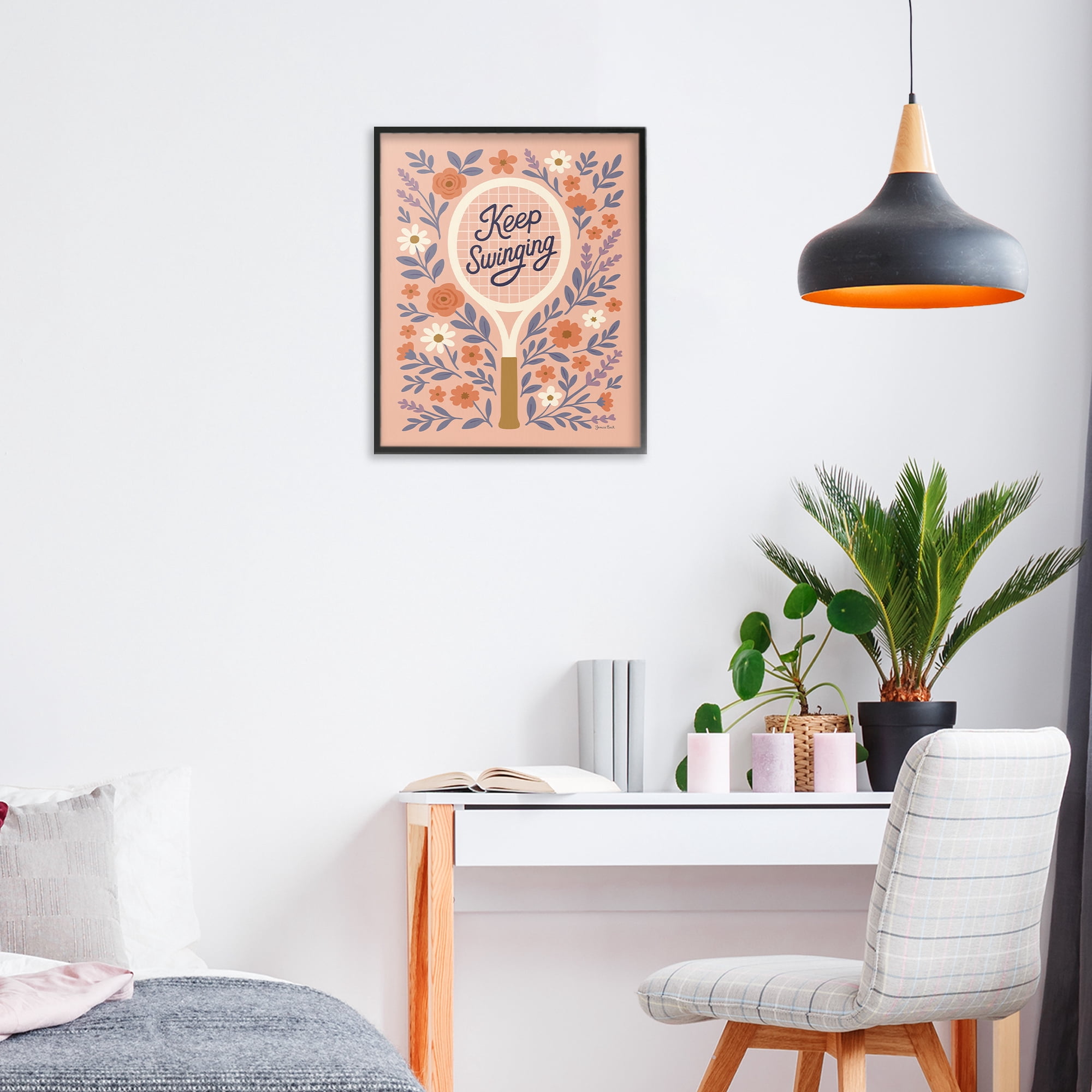 Stupell Industries Keep Swinging Floral Tennis Black Framed Giclee Art, design by Jessica Beck