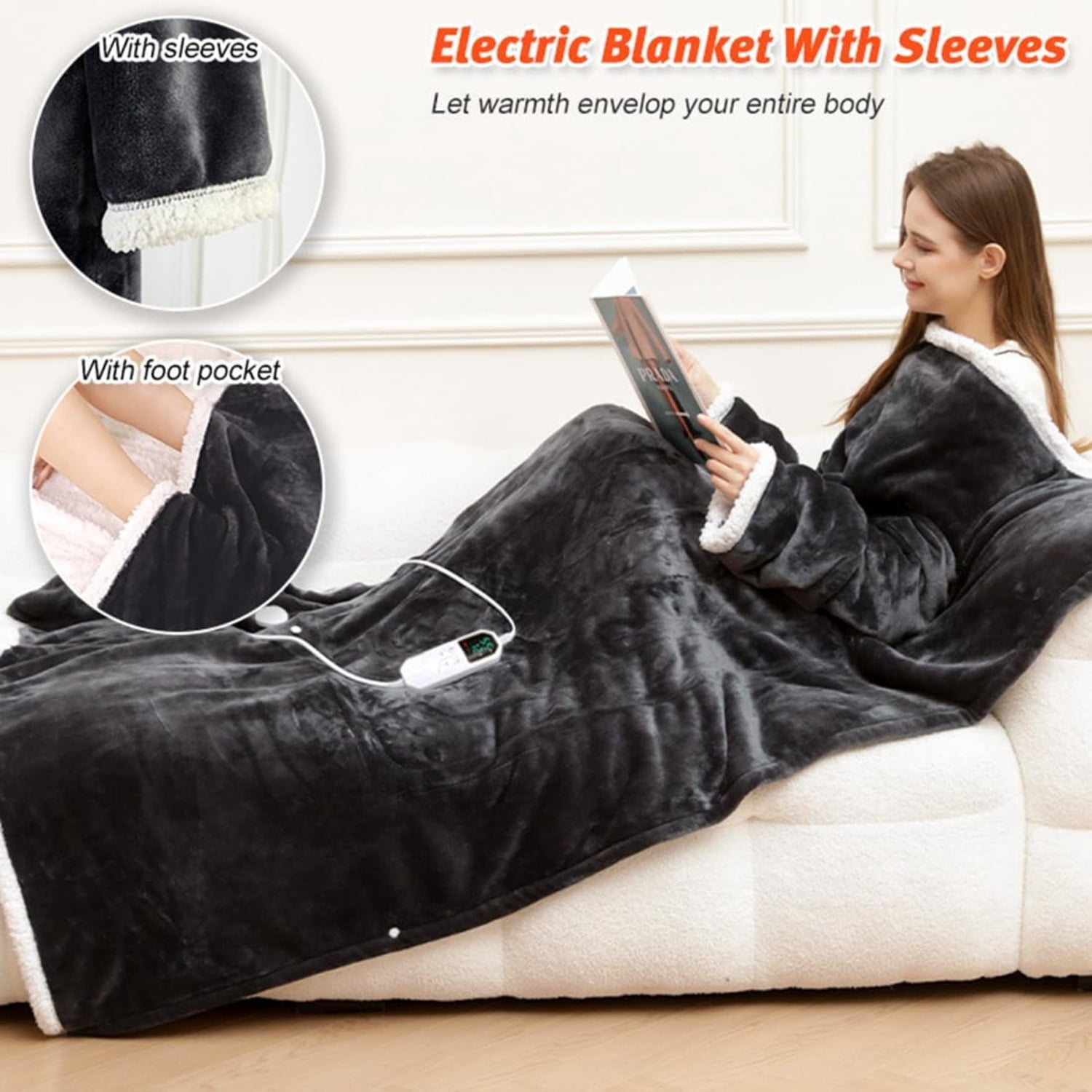 Wearable Heated Blanket with Foot Pocket, 52"x72" Electric Blanket with Sleeves – Flannel and Sherpa Wearable Blanket with 12 Hours Timer, 6 Heat Settings
