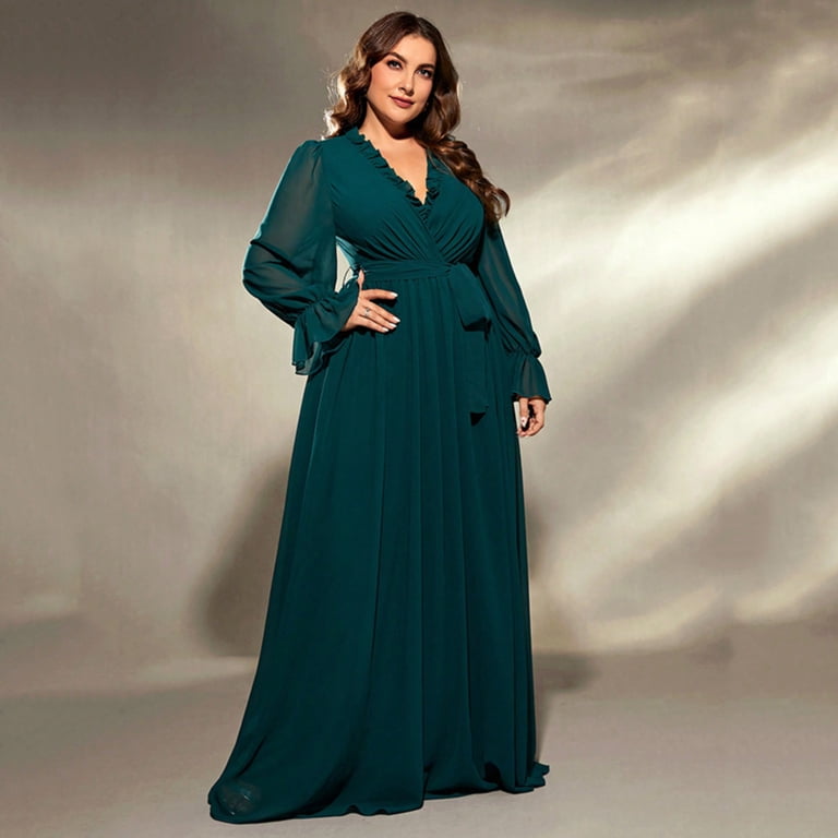AURA Women Plus Size Long Chiffon Dress Deep V Neck Evening Maxi Beach Dress 0XL 4XL