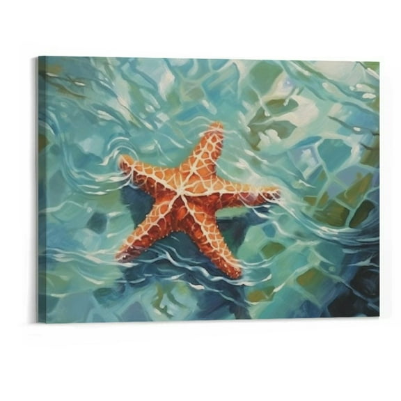 Creowell Ocean Starfish Canvas Wall Art Dark Sea Green Beach Decorations for Home Bathroom Bedroom Living Room Kitchen, Nautical Coastal Artwork Wall Art Decor 20x16 inches Framed