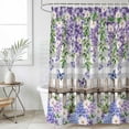 thumbnail image 6 of Polyester Fabric Spring Purple Flowers Shower Curtain, Farmhouse Leaves Fences Gray Plaid Waterproof Bathtub Curtain Bathroom Decor Set with Hooks 66 x 72 Inches, 6 of 6