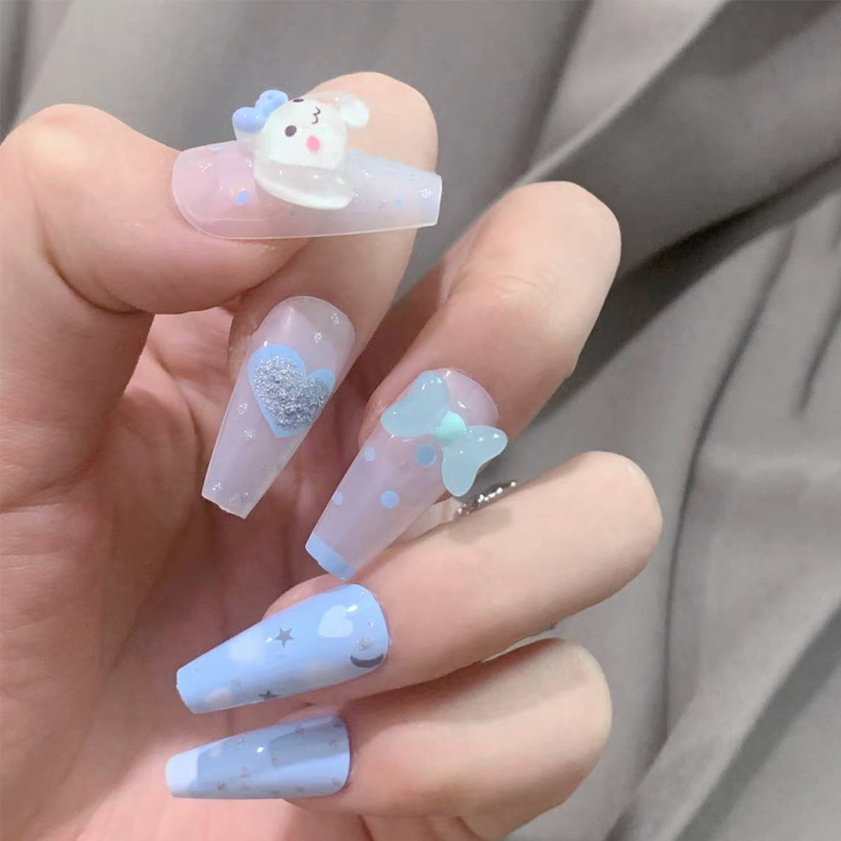 Y2K Style] 24 PCS Coffin Y2K Fake Nails, 3D Long Press on Nails Gift for  Girls/Womens, Coffin Y2K Light Blue Matte Doggy 