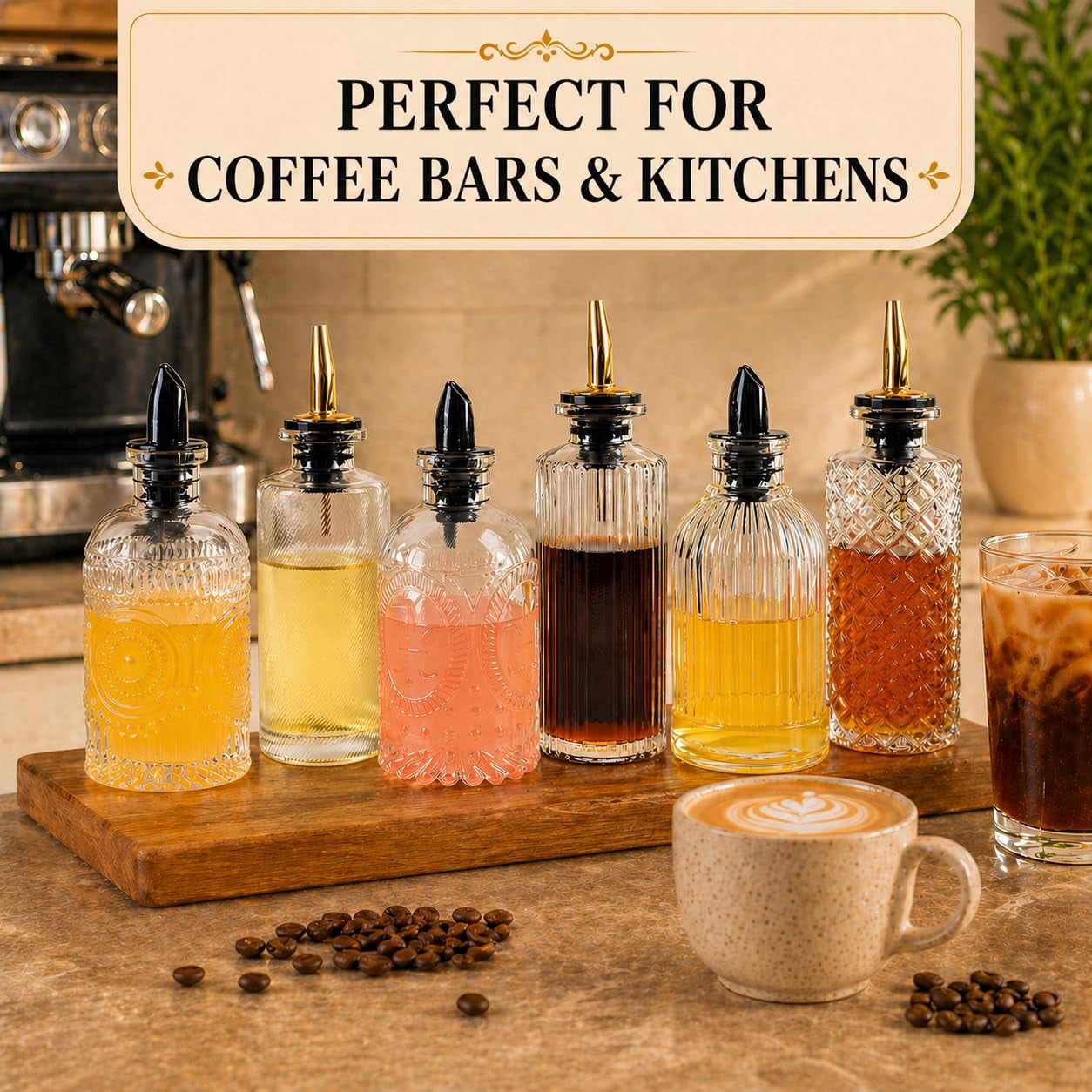 Syrup Dispenser Bottles Set Of 6  Simple Bottle For Coffee Bar Accessories 5oz & 7oz Glass Containers Maple Honey Oil Metal Pour Spouts Labels