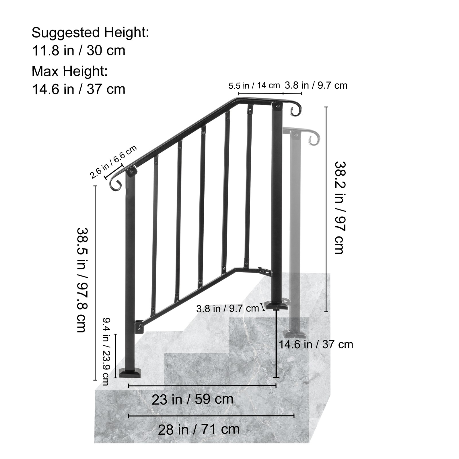 BENTISM Iron Handrail Picket Fits 2 or 3 Steps Stair Railing for Outdoor Garden