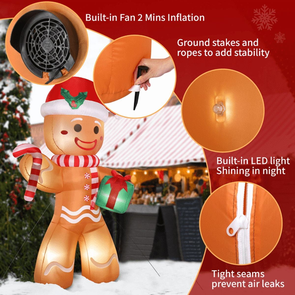 Alvantor 8 ft Inflatable Gingerbread Man with Gift Box, Candy Cane and 5 LED Lights, Christmas Yard Decoration