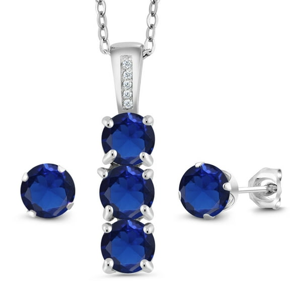 Gem Stone King 925 Sterling Silver Blue Created Sapphire and White Diamond Pendant and Earrings Jewelry Set for Women (3.04 Cttw, Gemstone September Birthstone, with 18 inch Chain)