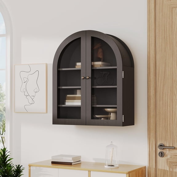 Home Wall Cabinet, 24" Wood Medicine Cabinets, Modern Wall-Mounted Storage Cabinet with Glass Doors & Adjustable Shelves, Over The Toilet Storage, Wall Cabinets for Bathroom Kitchen Living Room