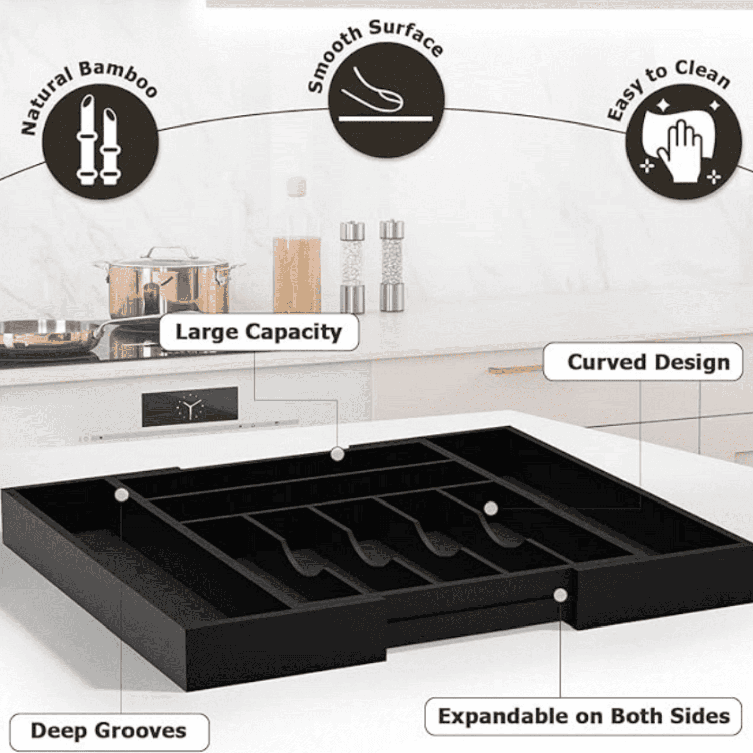 Utensil Organizer Silverware Drawer Organizer - Bamboo Expandable Cutlery Tray with Dividers for Utensil Holder Office Storage Makeup Desk Drawer Tool Organization W13.5"-19.5" x L17.5" x H2.5"(Black