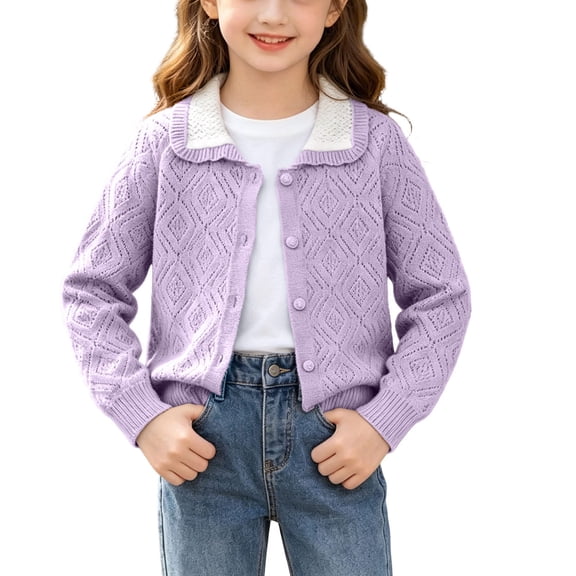 RYRJJ Girls Cute Cardigan Sweater Kid Toddler Peter Pan Collar School Uniform Sweaters Long Sleeve Button Up Knit Sweater Outerwear