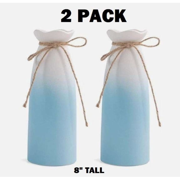 2 PACK SET! Decorative Ceramic Flower Vase, 8" Tall Pair, Aqua Blue Ombre with White Rim