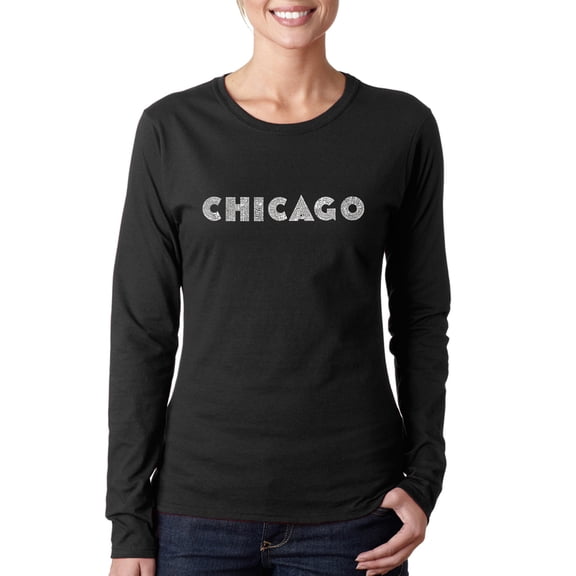 LA Pop Art Women's Word Art Long Sleeve T-Shirt - CHICAGO NEIGHBORHOODS