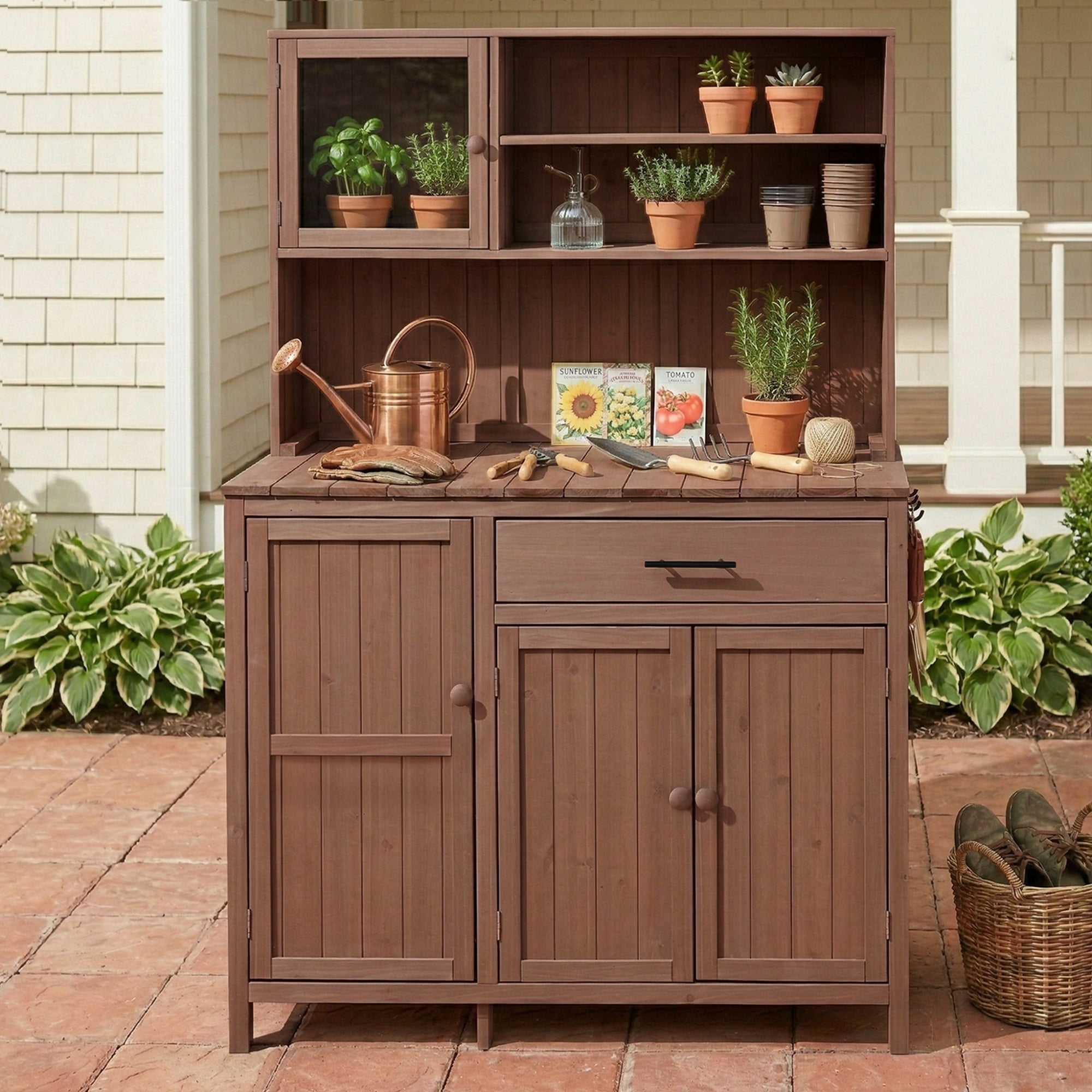 Mintazer 65" Outdoor Potting Bench with Drawer & Cabinets, Garden Workstation with Hutch & Spice Rack, Patio Kitchen Island with Adjustable Shelves & Side Hook, Brown