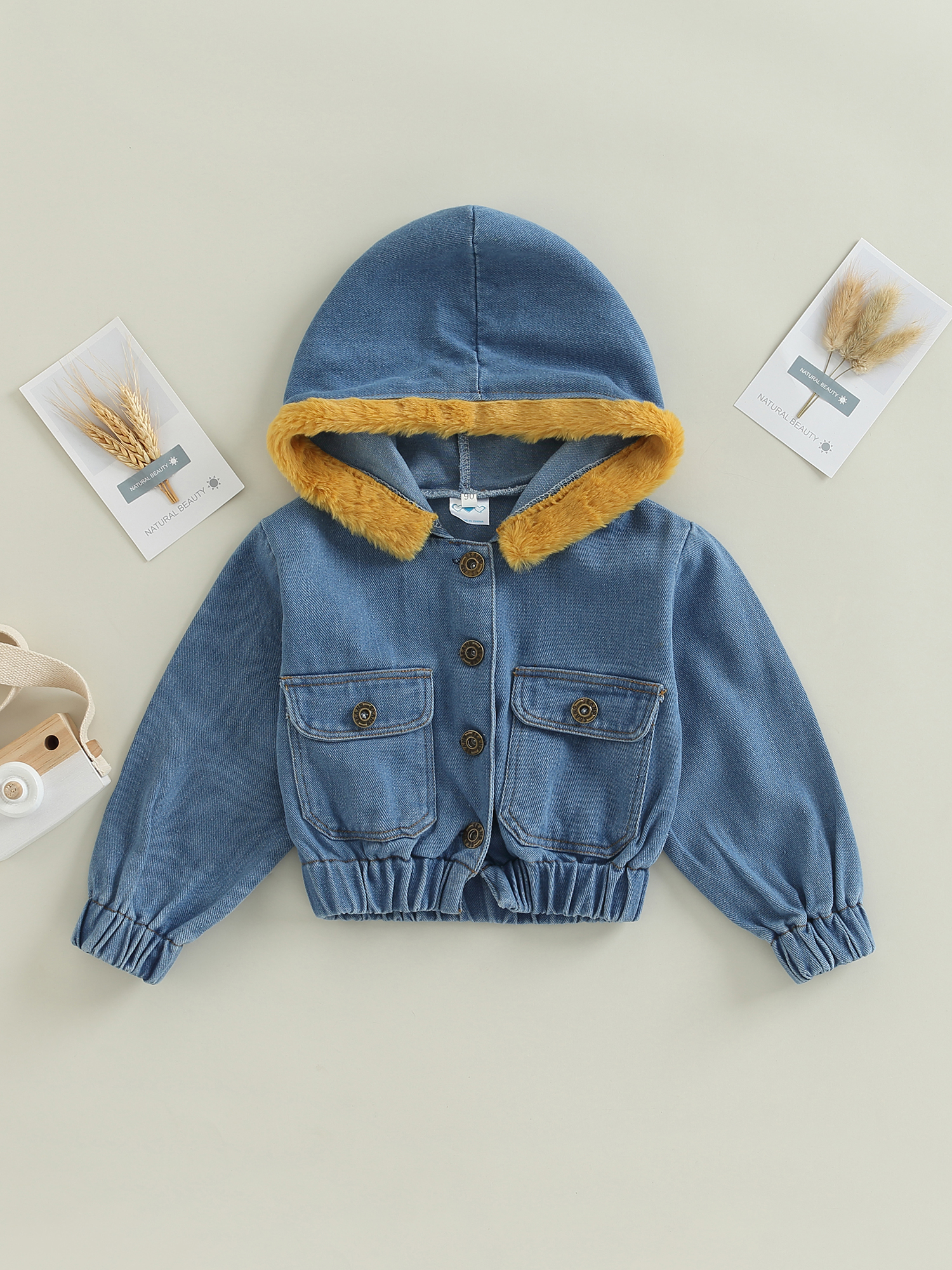 Toddler Baby Denim Jacket for Girls, Blue Long Sleeve Single Breasted Hooded Coat with Flap Pockets - image 2 of 6