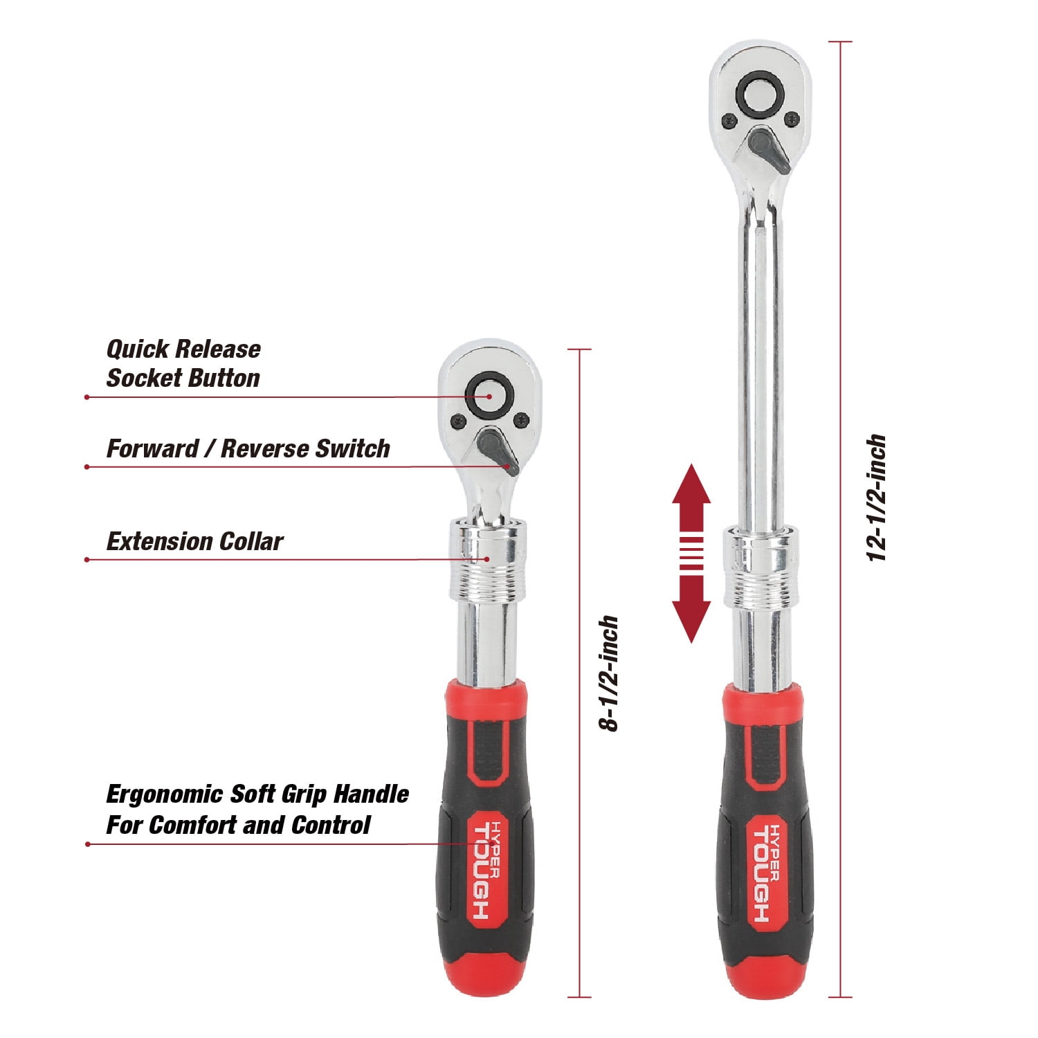Hyper Tough 3/8-in Drive 72-tooth Extendable Pear Head Ratchet with Grip