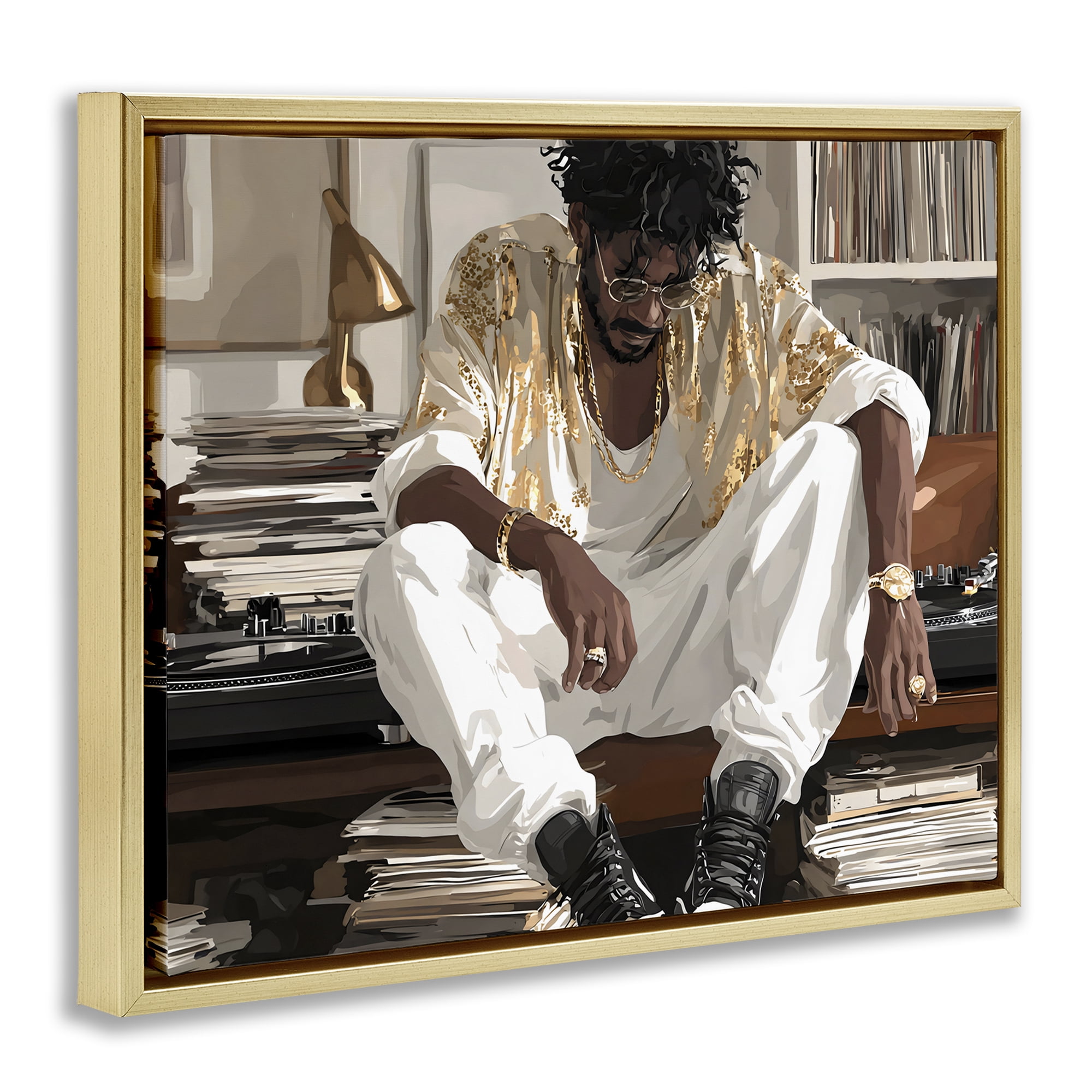 Stupell Industries DJ with Record Collection Gold Framed Floater Canvas Wall Art, design by Franklyn Gregory