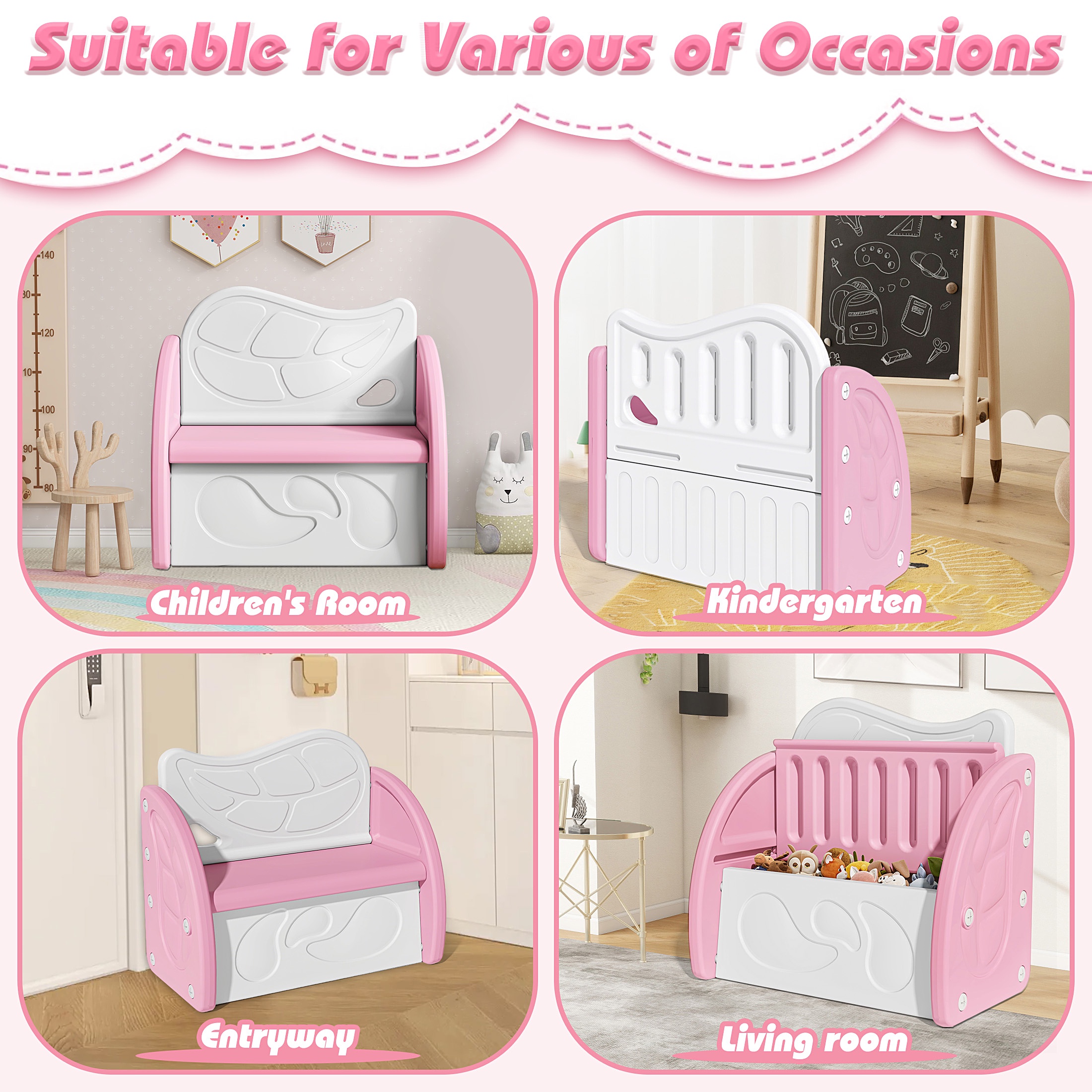 SESSLIFE Toy Box for Boys Girls, Plastic Kids Storage Organizer with Storage Bench and Leaf Backrest, Modern Toy Chest for Living Room, Toddler Room, Bedroom, Support 176 lbs, Pink/Light Grey
