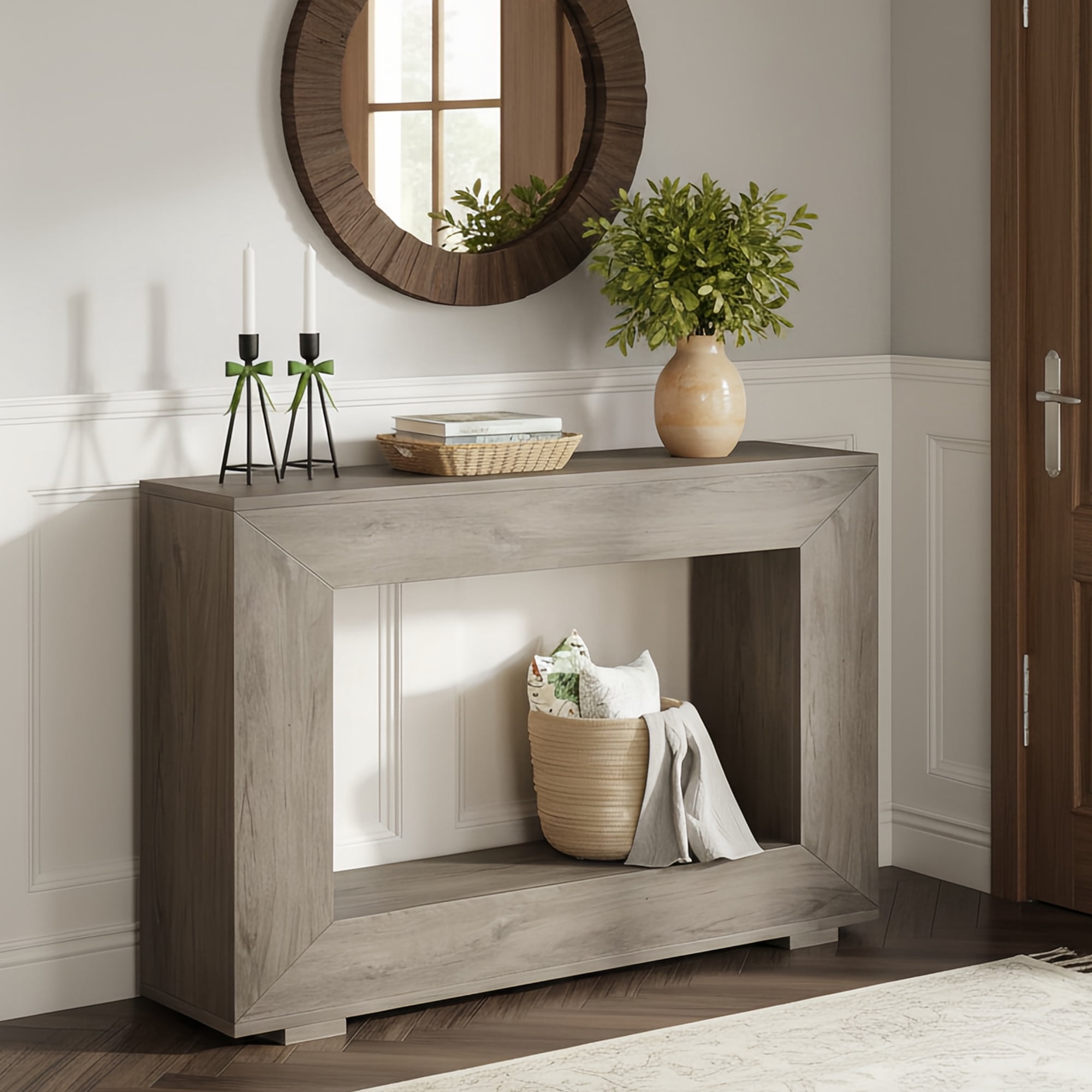 47" Farmhouse Industrial Console Table, Storage Entryway Table For Living Room, Foyer & Entrance With Wood Grain Finish (Grey)