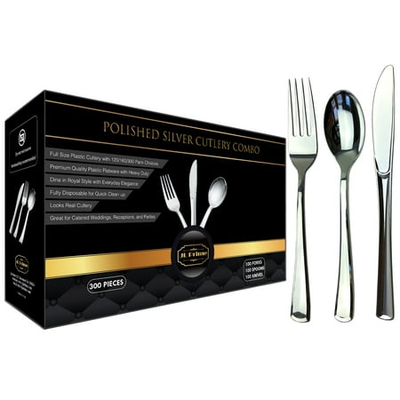 JL Prime 300 Silver Plastic Silverware Set, Silver Plastic Cutlery Set, Heavy Duty Utensils for Party & Wedding, Disposable Silver Flatware, 100 Plastic Forks, 100 Plastic Spoons, 100 Plastic