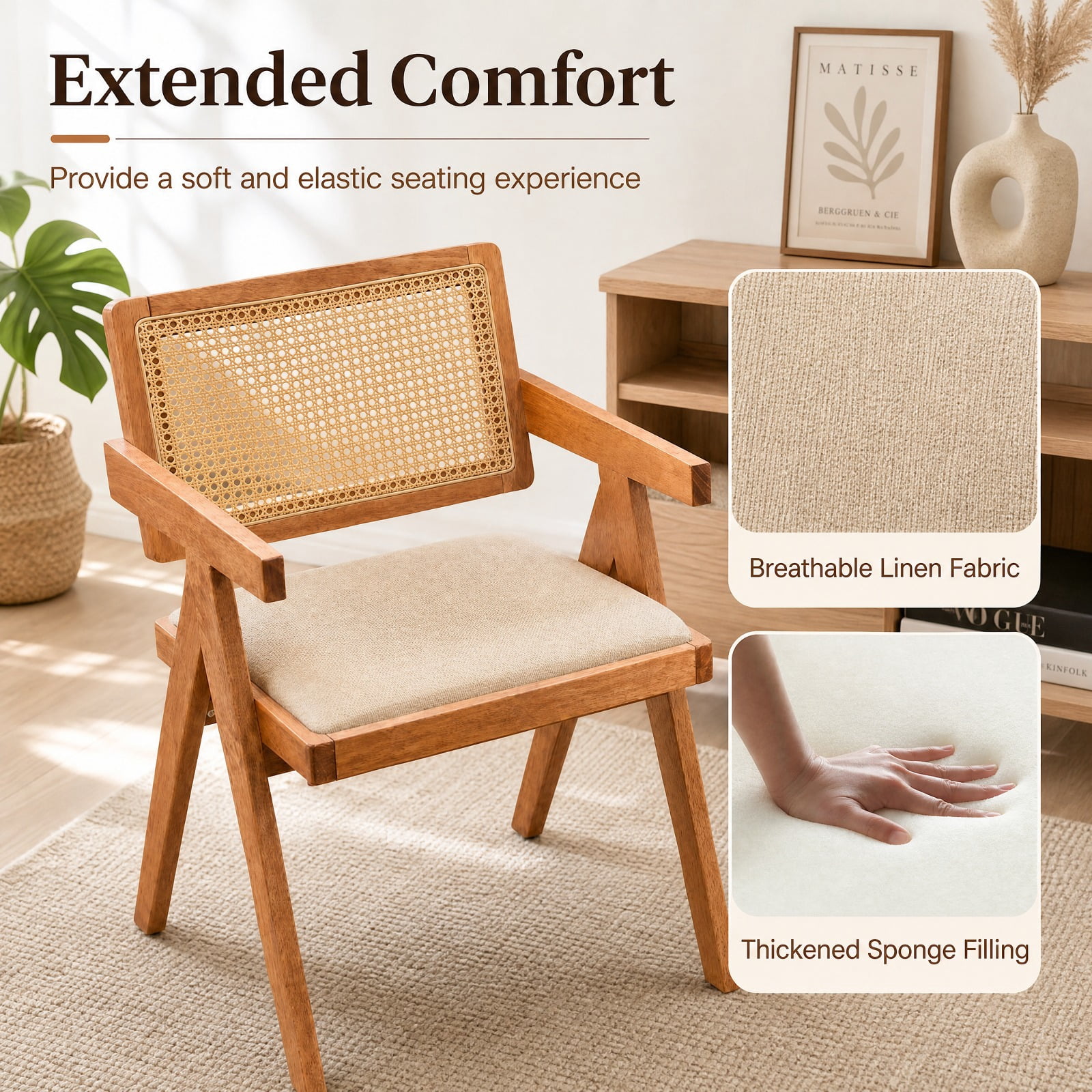 Furnibear Set of 2 Rattan Accent Chairs with Padded Cushion and Rubber Wood Frame for Dining Room Kitchen and Living Room, Beige