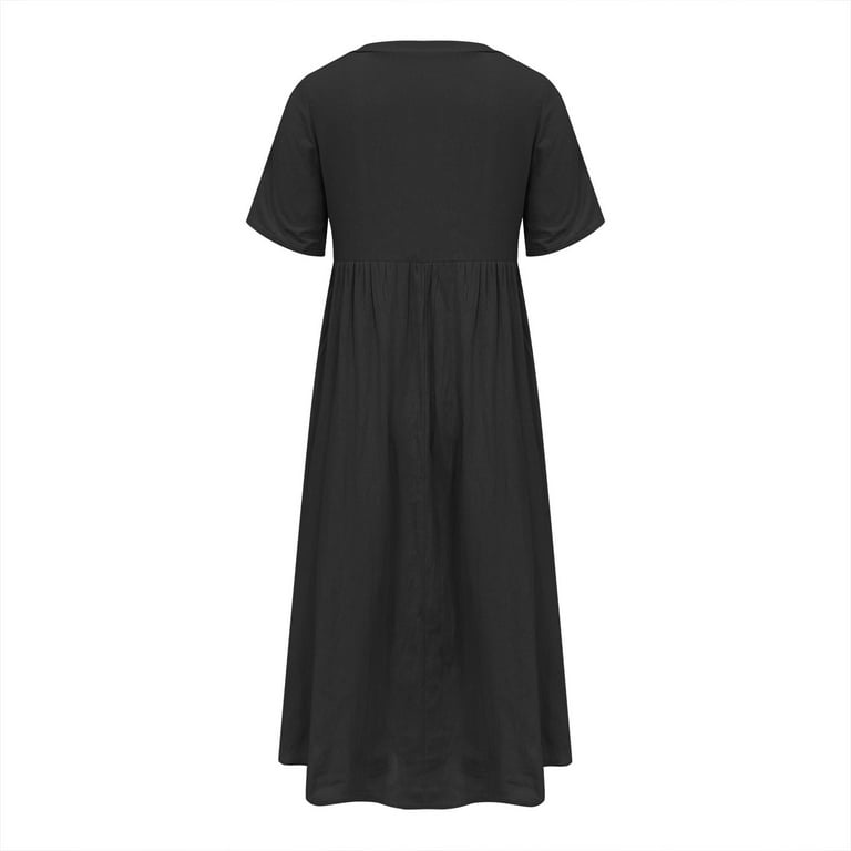 DeHolifer Dress for Women V-Neck Button Short Sleeve Solid Color Cotton  Linen Midi Dress Ladies Flowy Long Dress Black L - Walmart.com