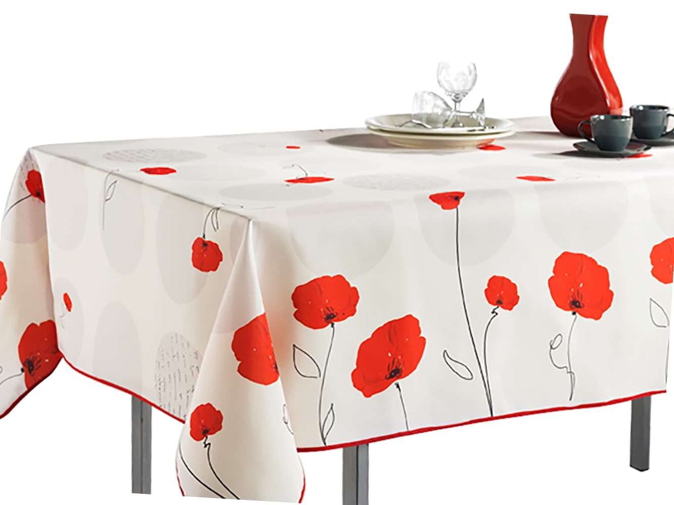 Rectangular Tablecloth Ivory White Red Poppy Flowers, Stain Resistant