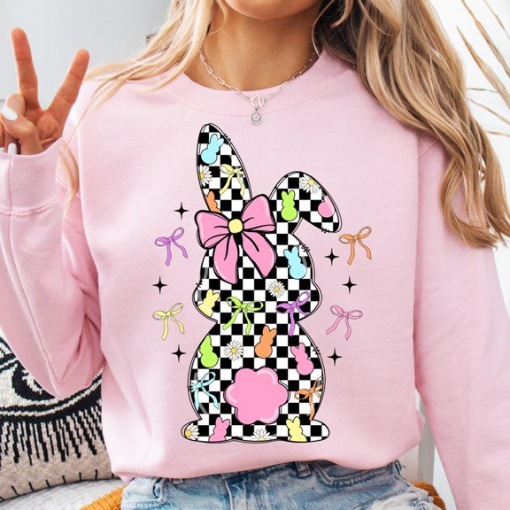 Retro Easter Bunny Sweatshirt, Coquette Pink Bow Easter Shirt, Checkered Floral Spring Sweatshirt, Happy Easter Girl Shirt, Cute Pink Holiday Crewneck