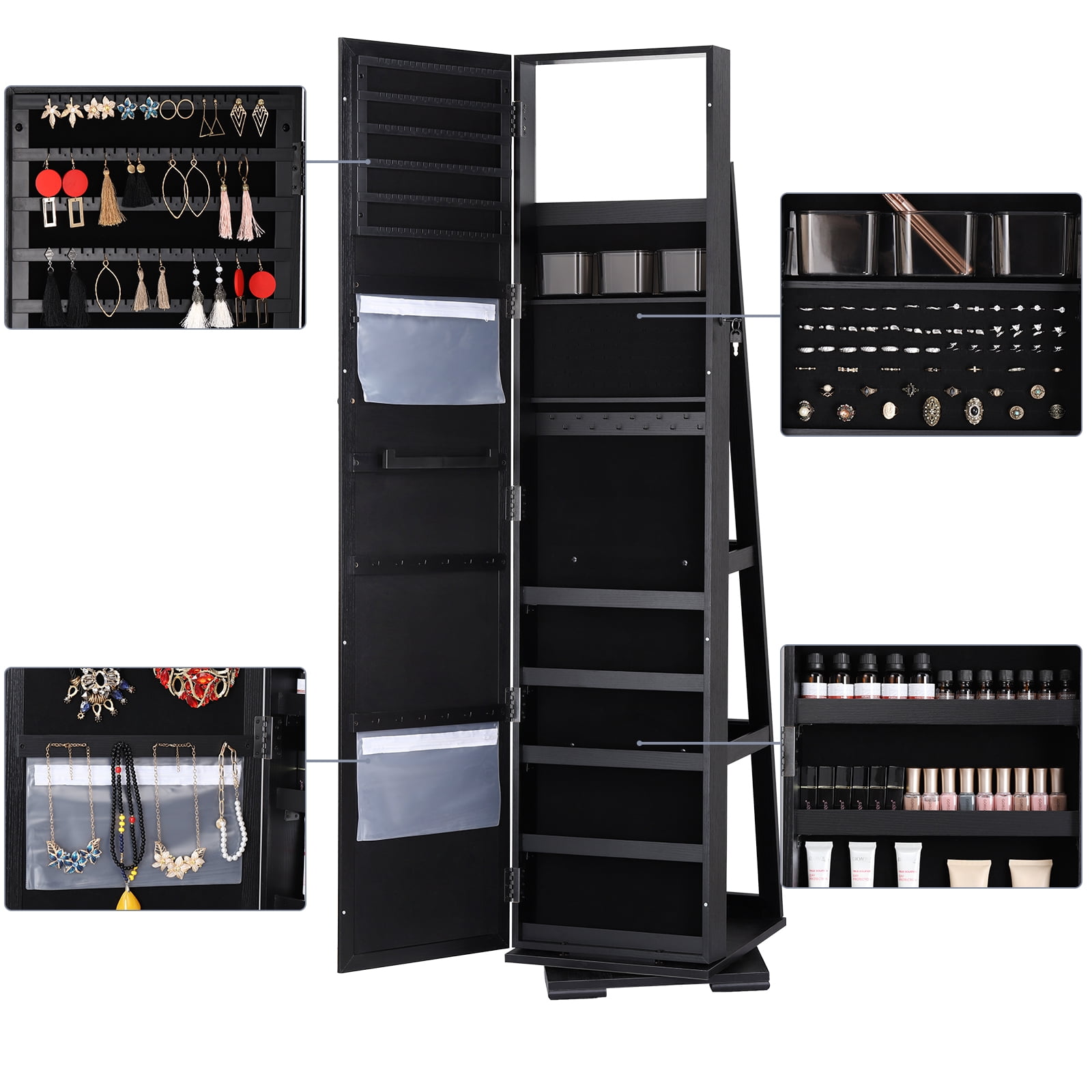 Woven Paths Adult Modern 360 Degree Rotatable Jewelry Armoire with Free-Standing Mirror, Black