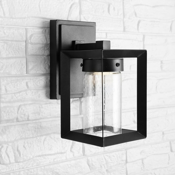 JONATHAN Y Nate 6.75" Outdoor Modern Cube Seeded Glass/Metal Integrated LED Wall Sconce, Black