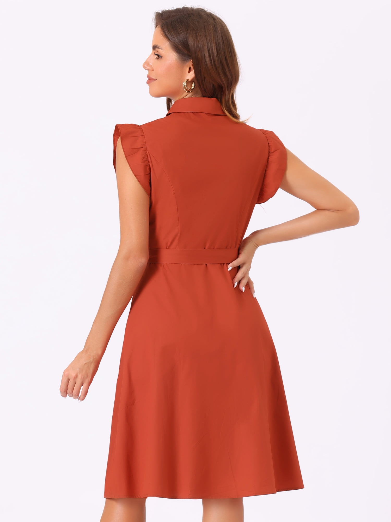 DARING DIVA Ruffled Sleeve Button Down Belted Knee Length Shirt Dress L Burnt Orange