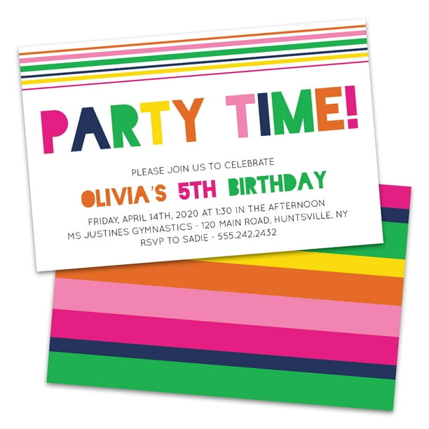 Personalized Rainbow Colored Party Time Birthday Party Invitations