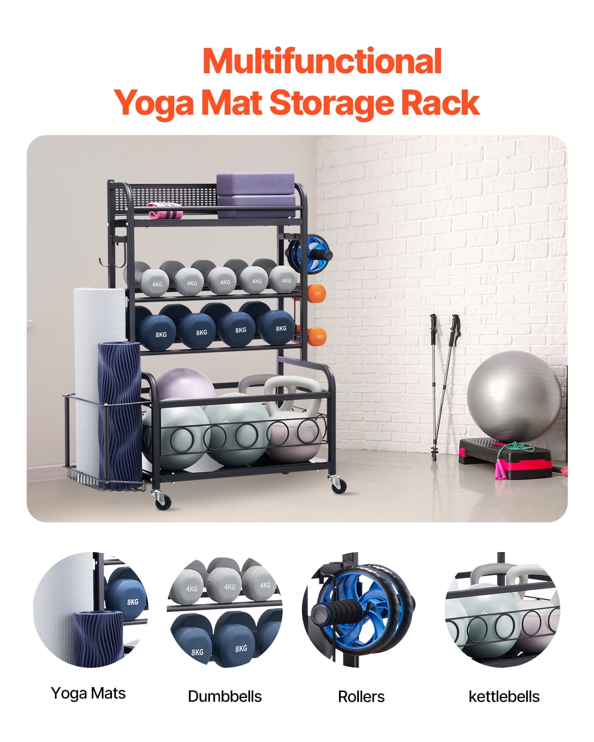 VEVOR Yoga Mat Storage Rack, Home Gym Workout Equipment Organizer, Powder Coated Finish Steel Yoga Mat Holder with Hooks & Wheels, Weight Rack for Dumbbell, Kettlebell, Foam Roller, and Yoga Strap