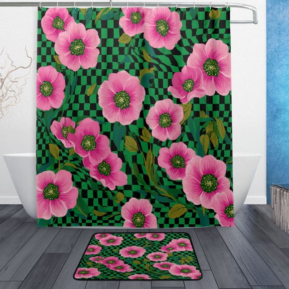 TTYFWHD 60" x 72" Shower Curtain and Bath Mat Set Groovy Green and Pink Flowers Waterproof Bathroom Curtain with 12 Hooks, Bathroom Decor Set