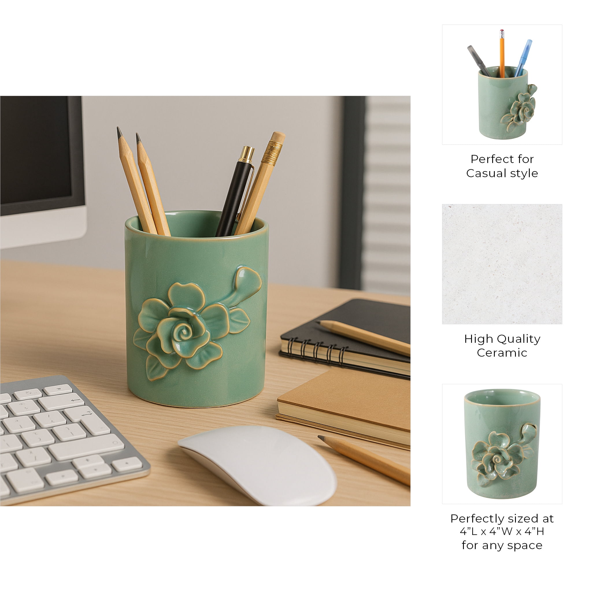 Rose Ceramic Desk Organizer for Workspace Display - Decorative Small Desk Accessory for Office Storage Accent - Complements and Verstaile Usage for Bathroom, Bedroom, or Home Decor - 4", Green