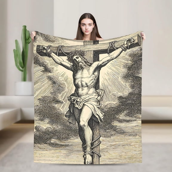 Crucifixion Cross and Jesus Faith 3D Print Fleece Throw Blanket, 280 GSM Polyester for Sofa, Bed and Living Room Decor