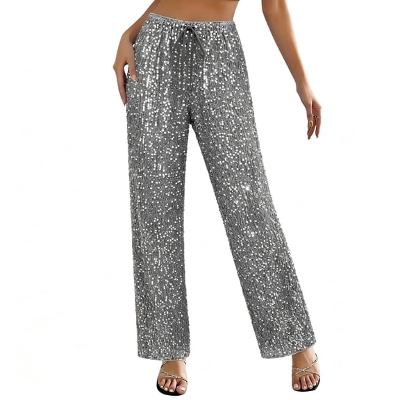 Levmjia Women's Sequin Wide Leg Pants, High Waist Glitter Pants for Women, Elastic Waist Casual Party Pants, Solid Color Festival Dance Lounge Pants